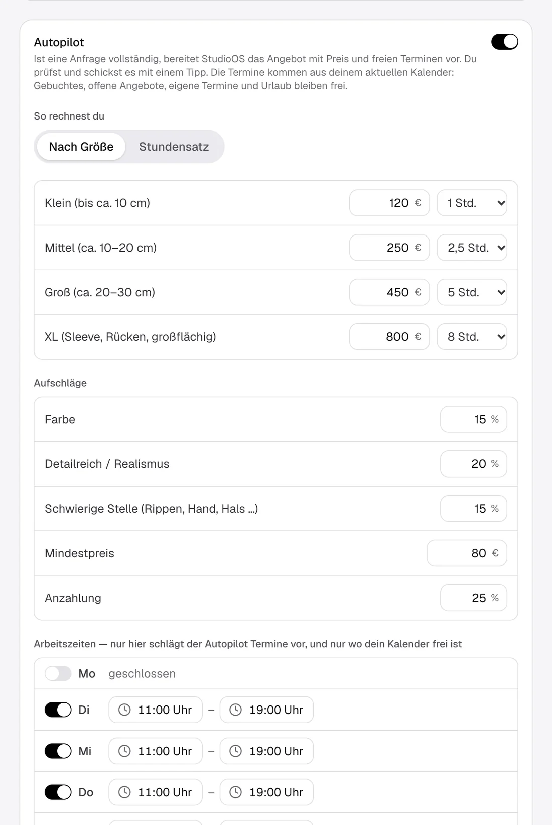 Autopilot-Einstellungen mit Preisen nach Größe, Zuschlägen, Mindestpreis und Arbeitszeiten