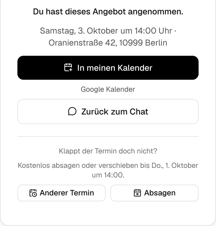 Angebot angenommen: Termin in den eigenen Kalender eintragen, verschieben oder absagen