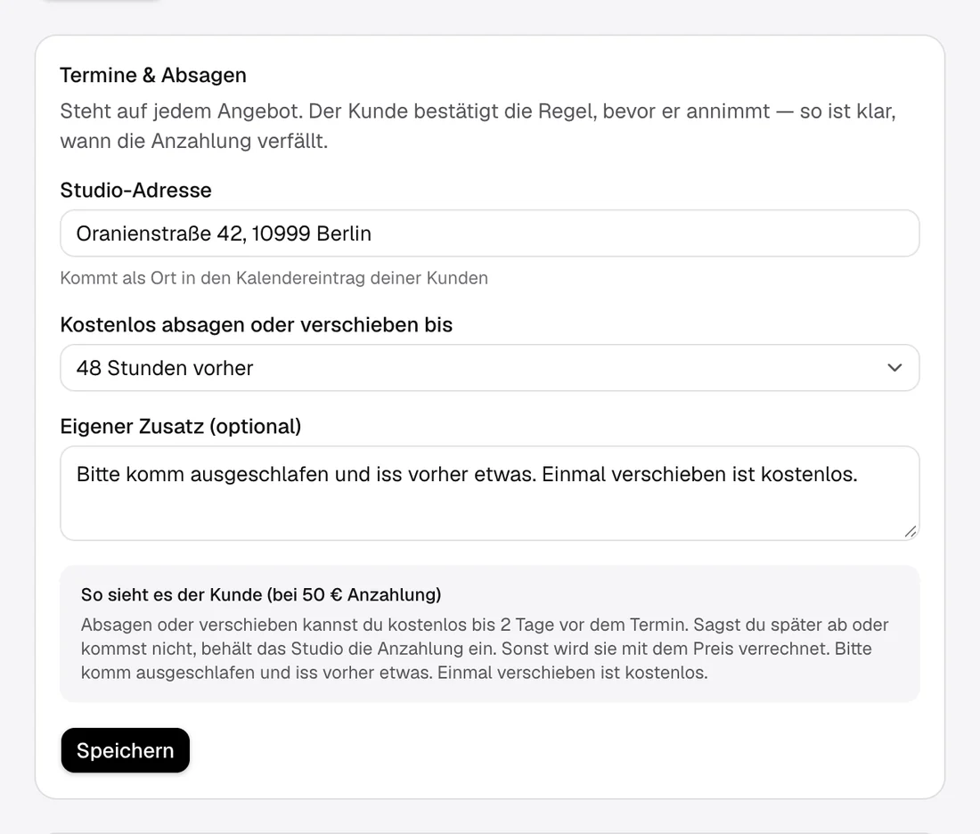 Einstellungen für Termine und Absagen mit Frist und eigenem Zusatz