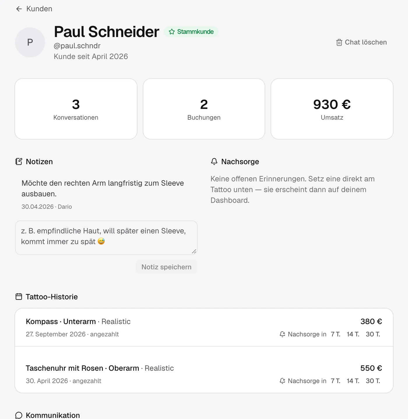 Kundenakte mit Konversationen, Buchungen, Umsatz, Notizen und Tattoo-Historie
