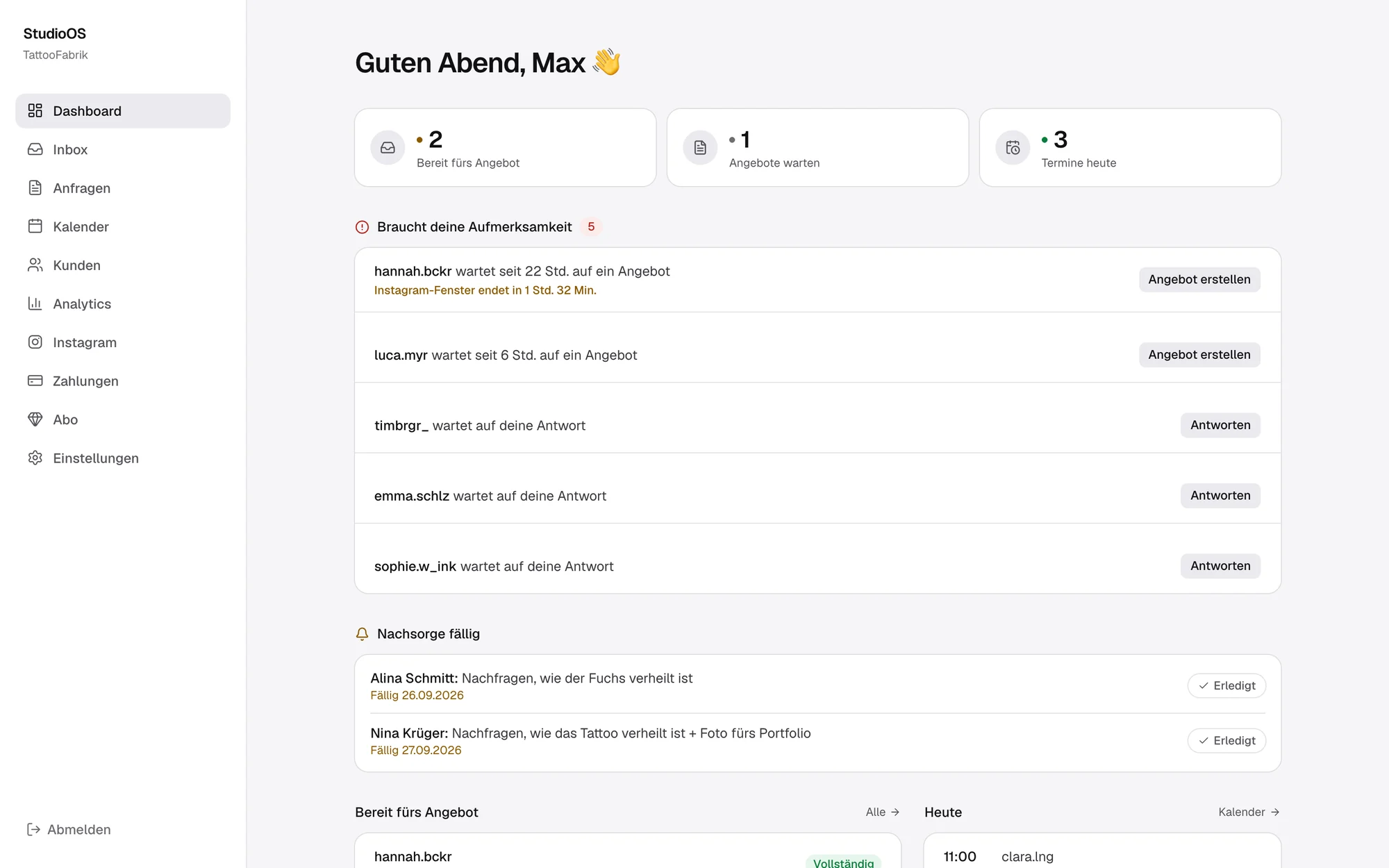 StudioOS Dashboard: Anfragen bereit fürs Angebot, wartende Kunden, Nachsorge fällig