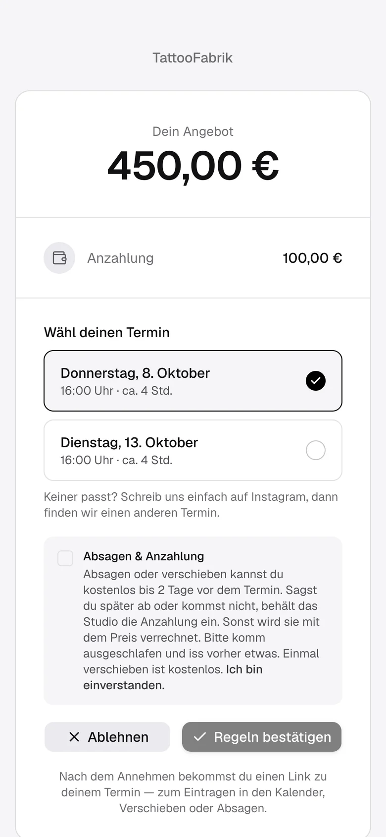 Angebotsseite auf dem Handy: Termin wählen und Absage-Regeln bestätigen