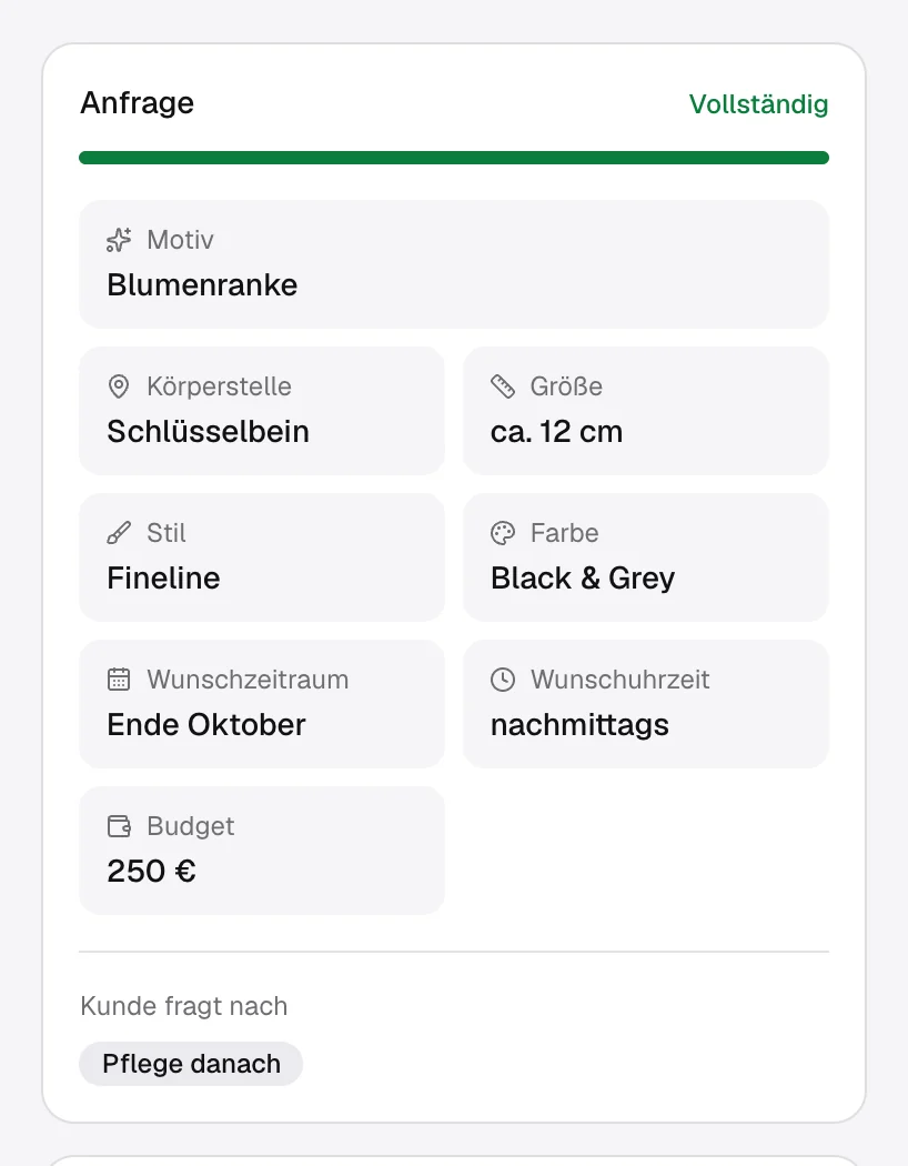 Vollständige Anfrage: Motiv, Körperstelle, Größe, Stil, Farbe, Zeitraum, Budget